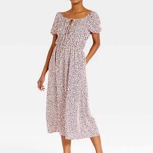 Who What Wear NEW puff short‎ sleeve tie front leaf midi dress pink black large